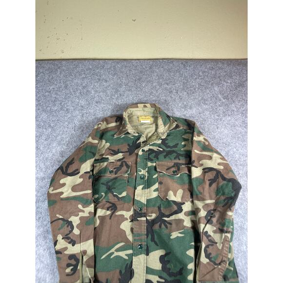 Vintage 90s Melton Deerskin Camo Button Up Shirt Mens Medium Green Brown Hunting - Picture 3 of 5